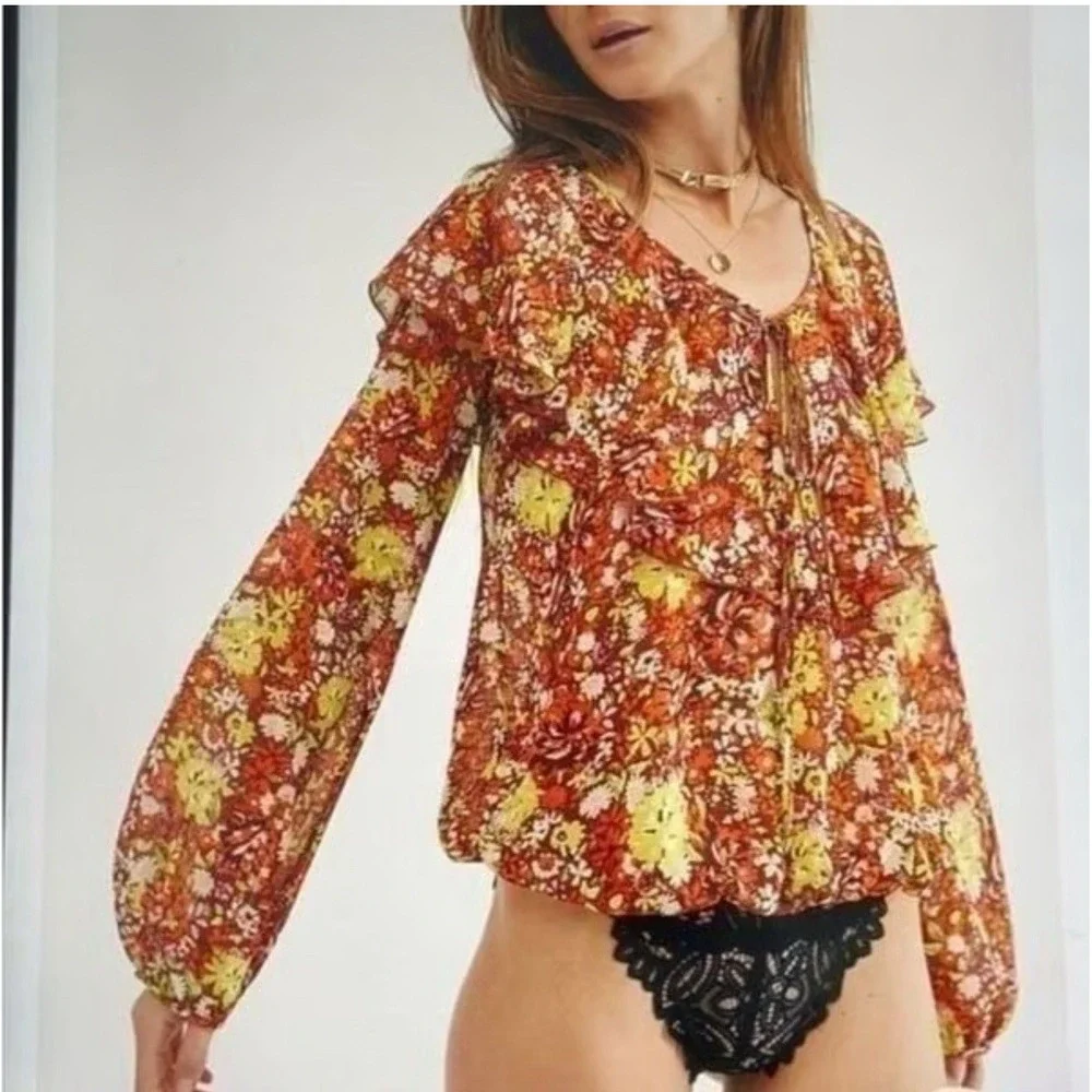 NWOT Free People Say It To Me Bodysuit‎ Sz Large Red Sienna Floral Long Sleeve